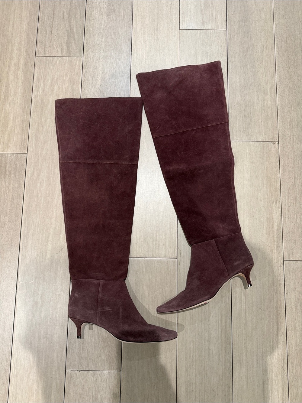 Reformation Burgundy Suede Over-the-Knee Kitten Heel Boots